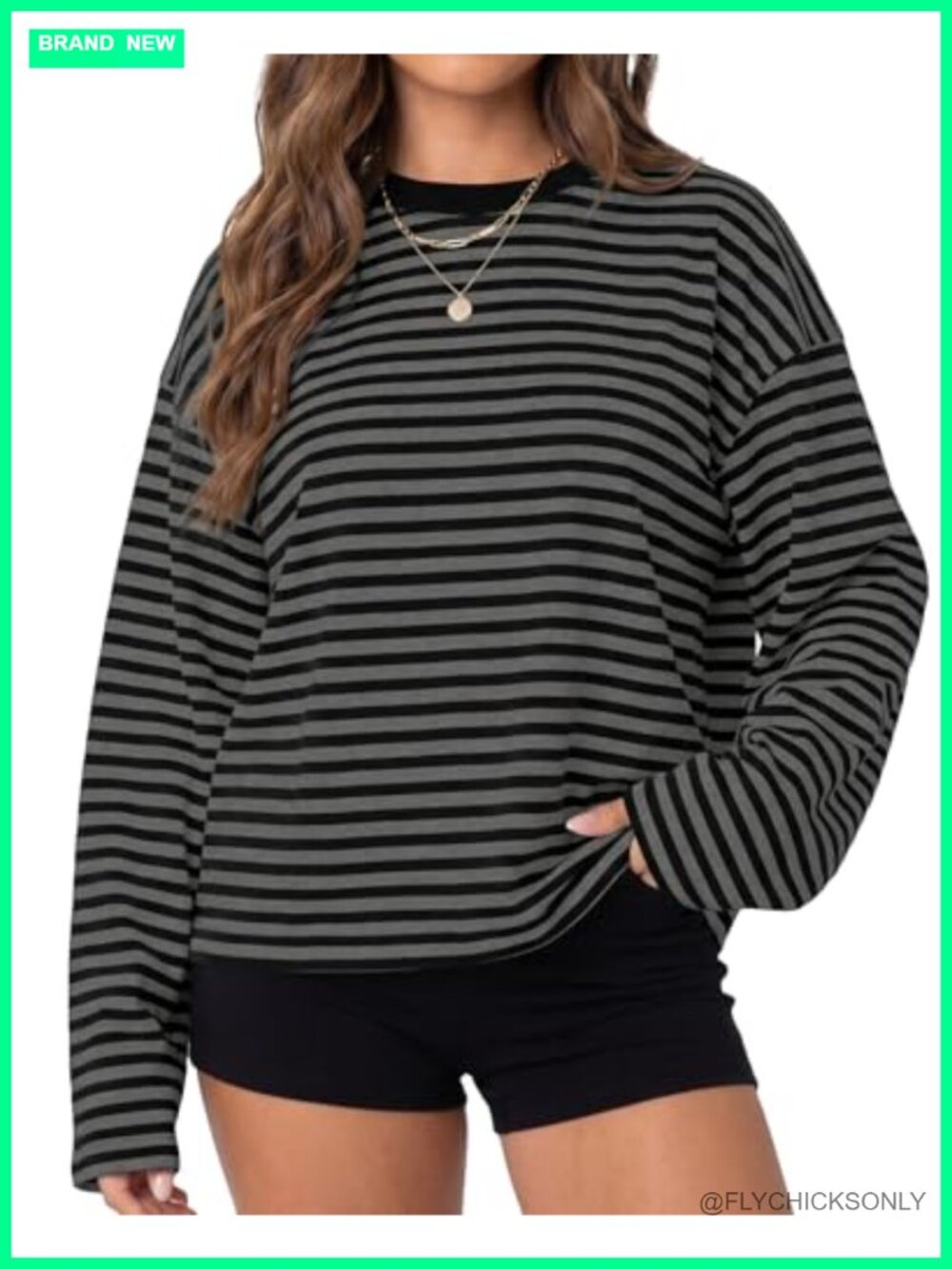 Oversized Long Sleeve Striped Crewneck Pullover Sweatshirt Preppy Y2K Fall Top